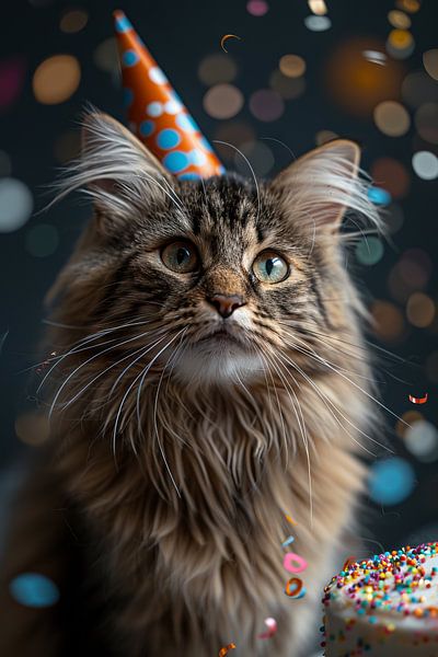 Lustige Katze Feiert Geburtstag mit Partyhut und Torte