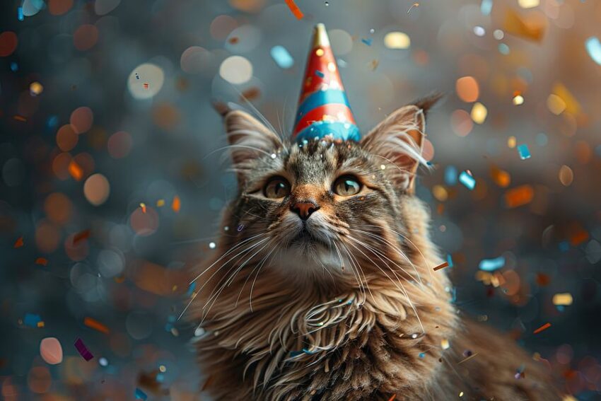 Lustige Katze Feiert Geburtstag mit Partyhut und Torte