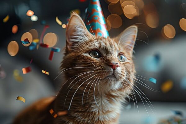 Lustige Katze Feiert Geburtstag mit Partyhut und Torte