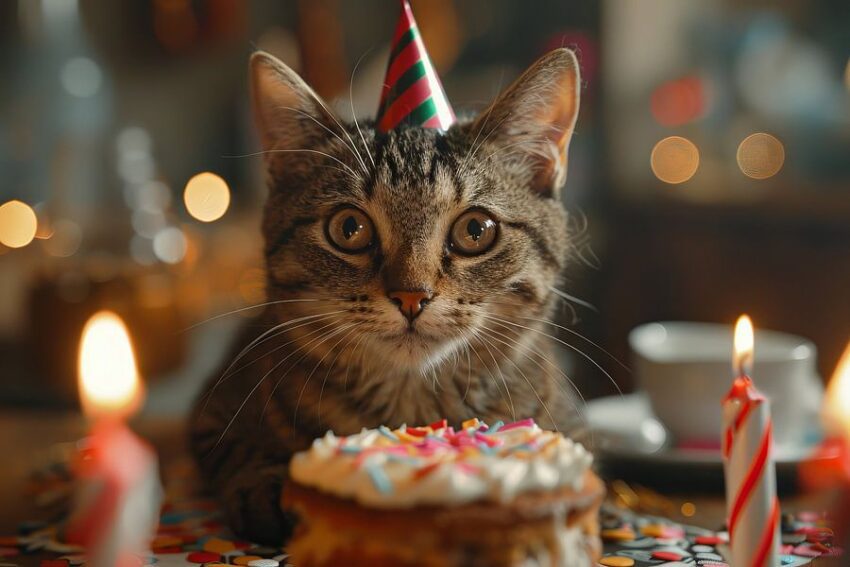 Lustige Katze Feiert Geburtstag mit Partyhut und Torte