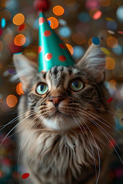 Lustige Katze Feiert Geburtstag mit Partyhut und Torte