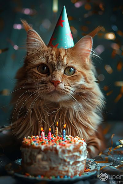 Lustige Katze Feiert Geburtstag mit Partyhut und Torte