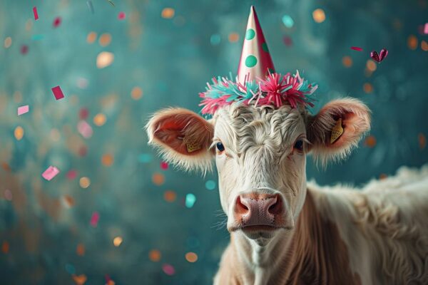 Lustige Kuh Feiert Geburtstag mit Torte und Kerzen