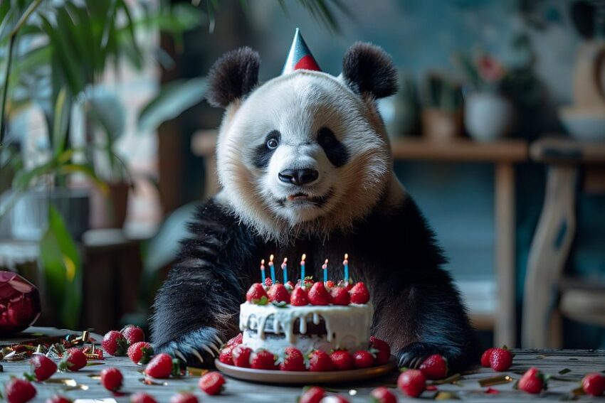 Lustige Panda Geburtstagsfeier mit Kuchen und Kerzen