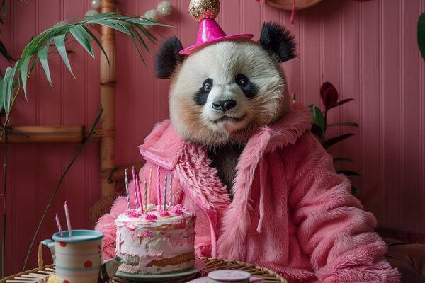 Lustige Panda Geburtstagsfeier mit Kuchen und Kerzen