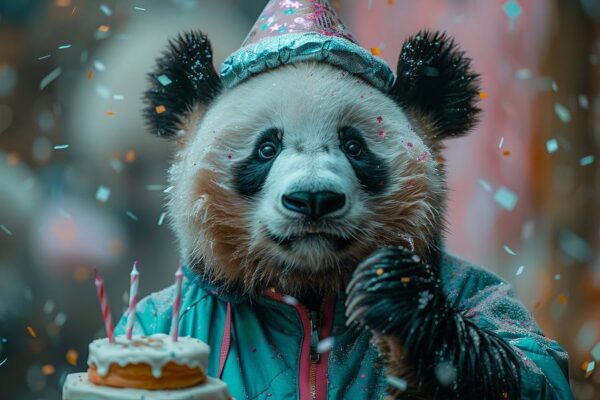 Lustige Panda Geburtstagsfeier mit Kuchen und Kerzen