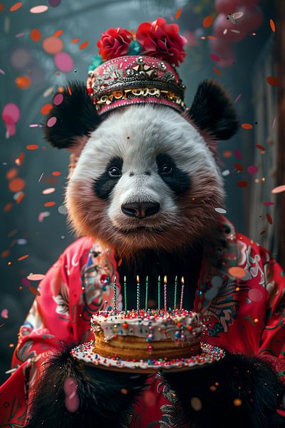 Lustige Panda Geburtstagsfeier mit Kuchen und Kerzen