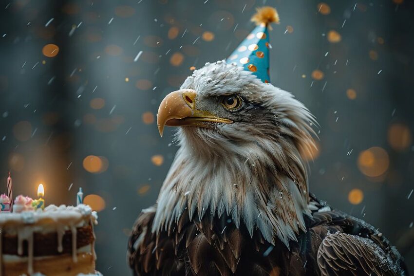 Lustiger Adler mit Partyhut Feiert Geburtstag im Konfettiregen