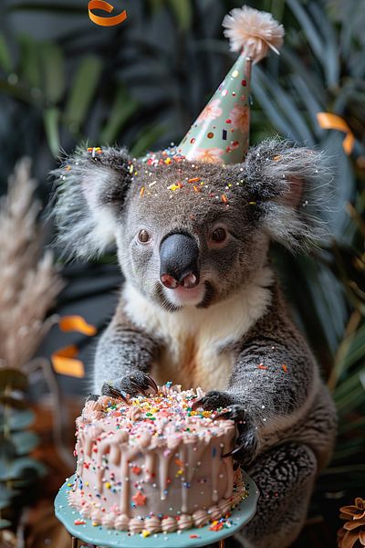 Lustiger Koala Feiert Geburtstag mit Torte und Hut