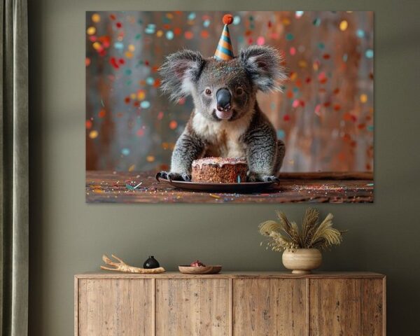 Lustiger Koala Feiert Geburtstag mit Torte und Konfetti