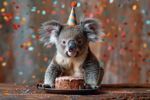 Lustiger Koala Feiert Geburtstag mit Torte und Konfetti