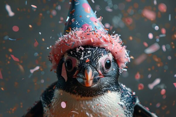 Lustiger Pinguin Feiert Geburtstag im Disco-Stil