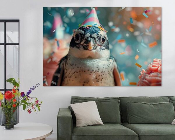 Lustiger Pinguin mit Partyhut Feiert Geburtstag