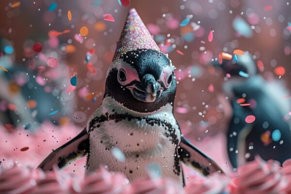 Lustiger Pinguin mit Partyhut Feiert Geburtstag