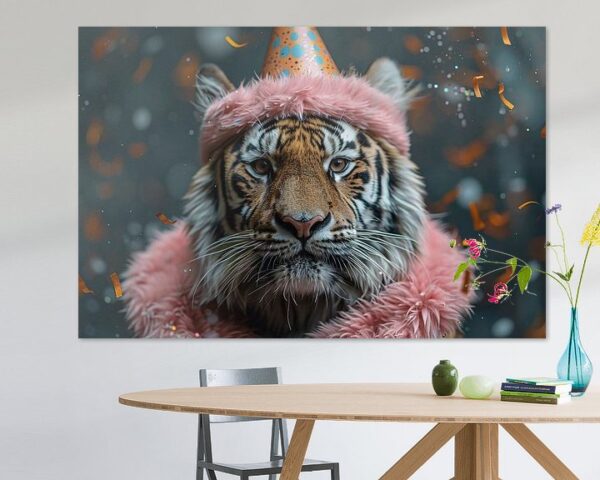 Lustiger Tiger Feiert Geburtstag mit Torte und Partyhut