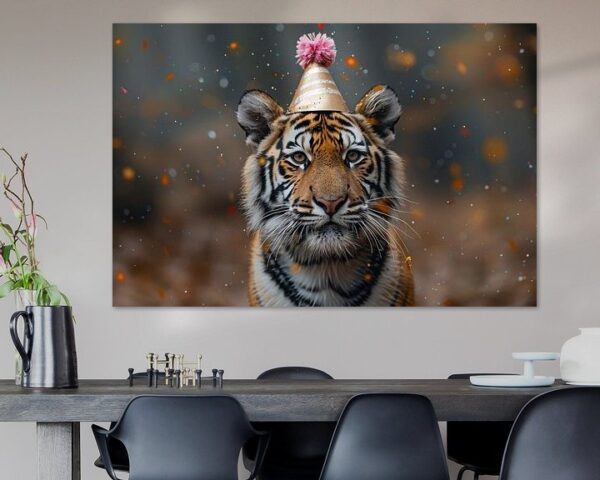 Lustiger Tiger Feiert Geburtstag mit Torte und Partyhut