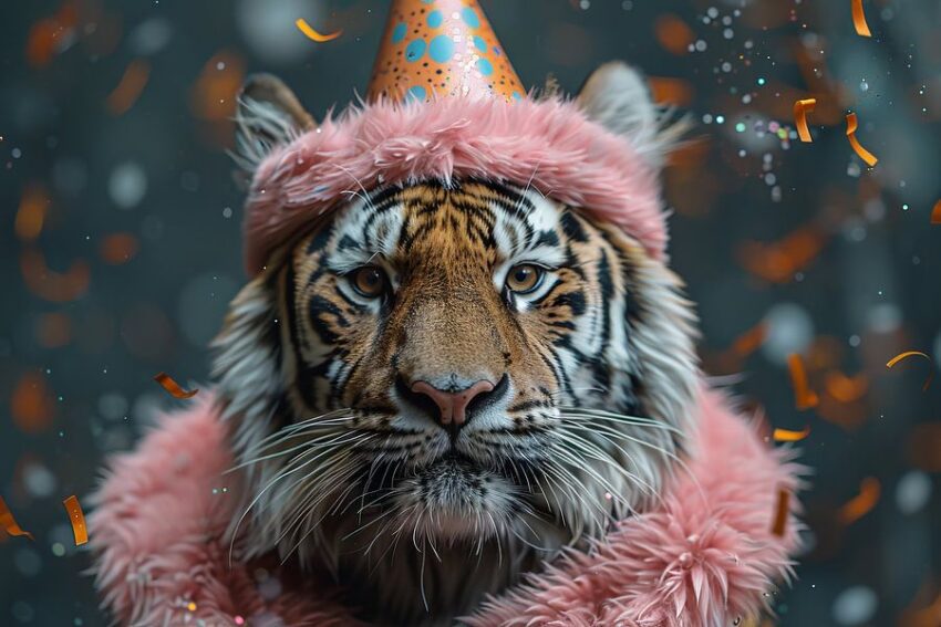 Lustiger Tiger Feiert Geburtstag mit Torte und Partyhut