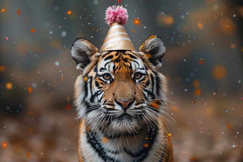 Lustiger Tiger Feiert Geburtstag mit Torte und Partyhut