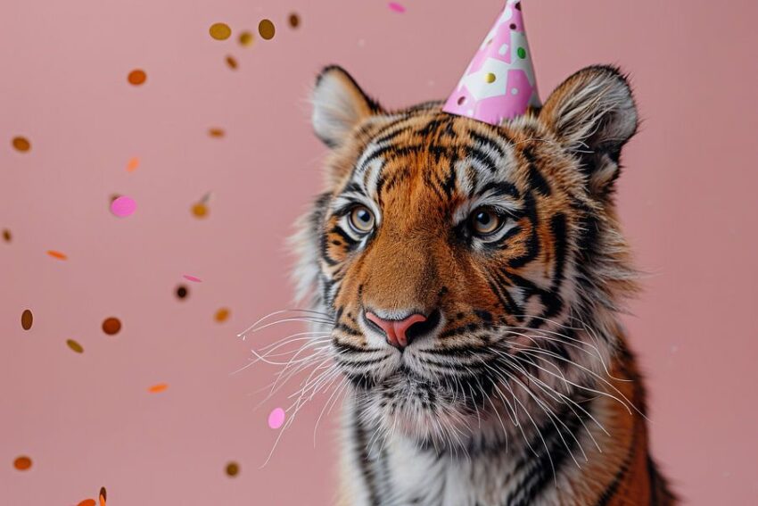 Lustiger Tiger Feiert Geburtstag mit Torte und Partyhut