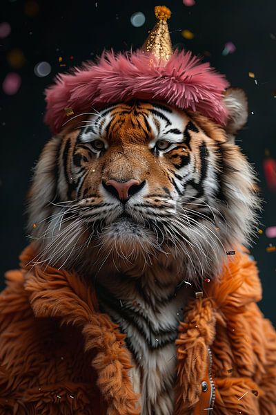 Lustiger Tiger Feiert Geburtstag mit Torte und Partyhut