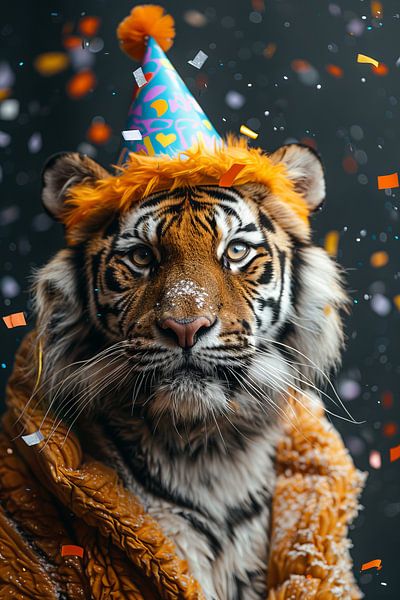 Lustiger Tiger Feiert Geburtstag mit Torte und Partyhut