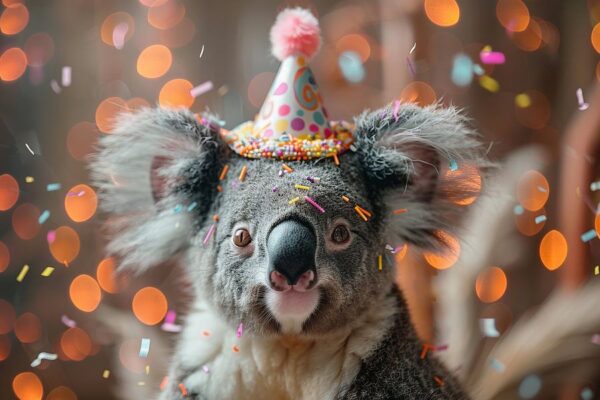 Lustiges Koala in Partyhut Feiert Geburtstag