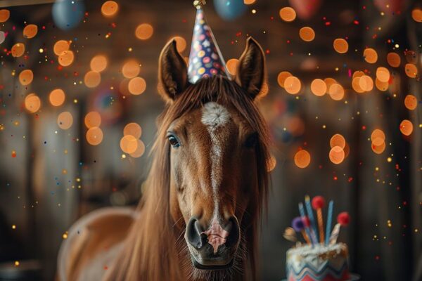 Lustiges Pferd mit Partyhut und Kuchen