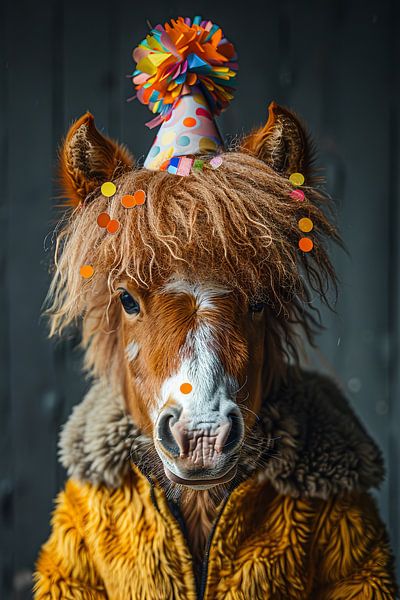 Lustiges Pferd mit Partyhut und Kuchen