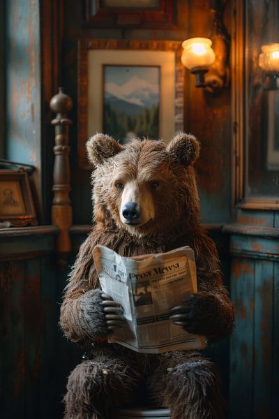 Majestätischer Bär Liest Zeitung im Vintage Badezimmer