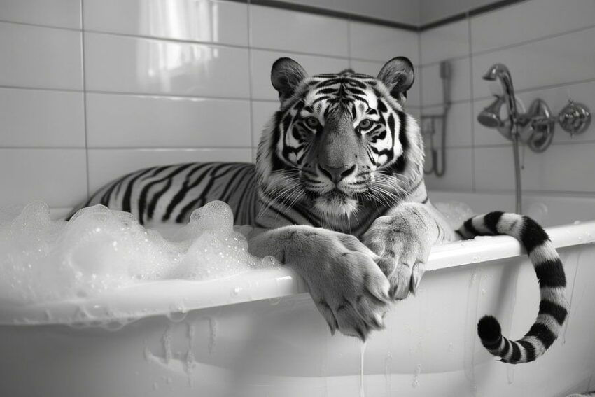 Majestätischer Tiger in der Badewanne - Ein beeindruckendes Badezimmerbild für Ihr WC