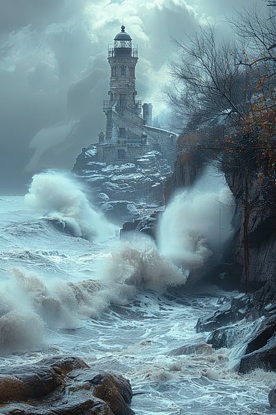 Majestic Lighthouse Amidst Stormy Seas and Rocks