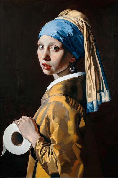 Moderne Vermeer: Das Mädchen mit dem Perlentuch mit Toilettenpapier-Rolle | Amüsante Badezimmer-Eleganz