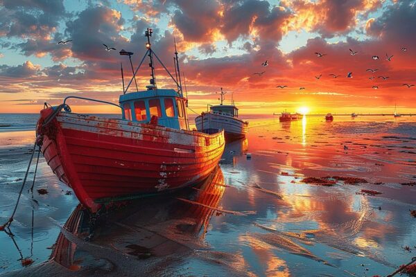 Nordsee Bunte Fischerboote bei Sonnenuntergang am Strand