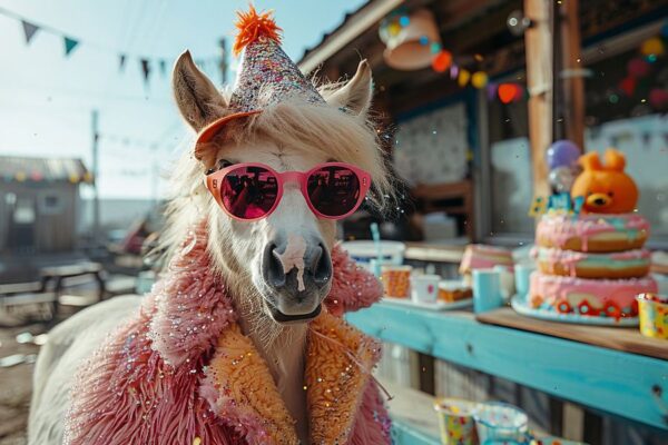 Pferd mit Partyhut und Sonnenbrille Feiert Geburtstag