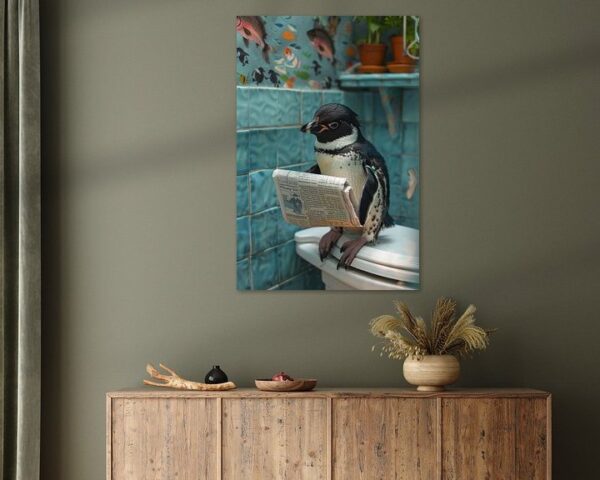 Pinguin Liest Zeitung auf Toilette - Humorvolles Badezimmerposter