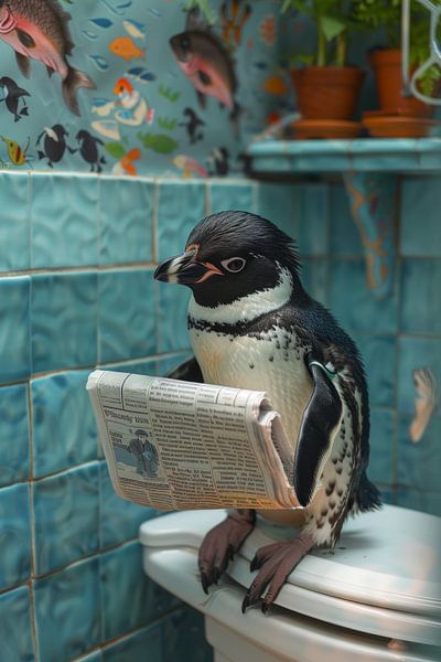 Pinguin Liest Zeitung auf Toilette - Humorvolles Badezimmerposter