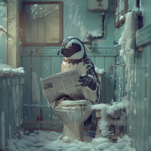 Pinguin Mit Zeitung Auf Toilette - Lustiges Badezimmer Poster