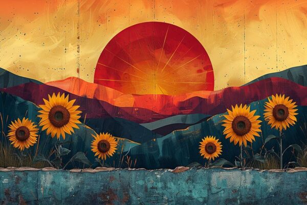 Retro Sommerlandschaft mit Sonnenblumen und Sonnenuntergang