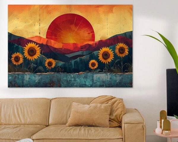 Retro Sommerlandschaft mit Sonnenblumen und Sonnenuntergang