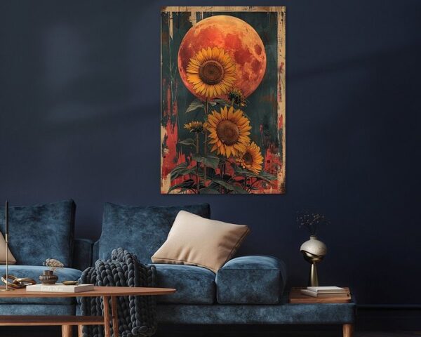 Retro Stilisierte Sonnenblumen vor Mond Illustration