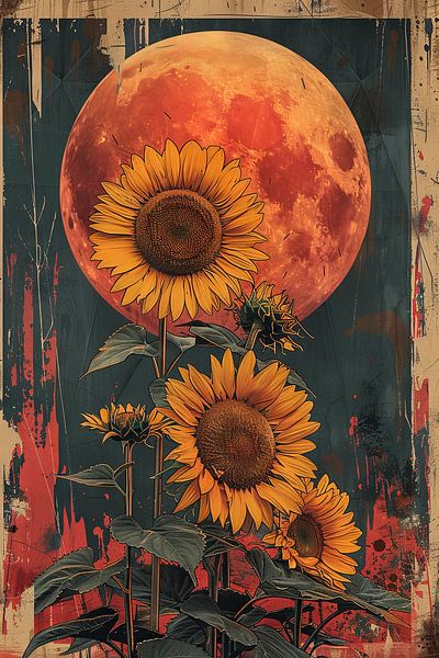 Retro Stilisierte Sonnenblumen vor Mond Illustration