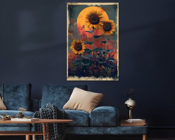 Retro Style Sunflowers at Sunset Illustration