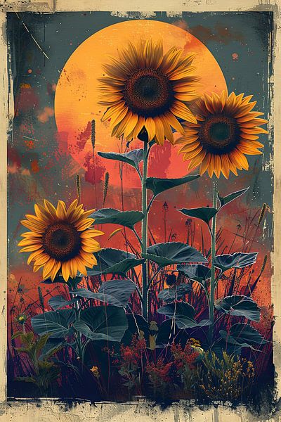 Retro Style Sunflowers at Sunset Illustration