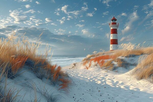 Roter Leuchtturm an Einem Serenen Küstenstrand bei Sonnenuntergang Nordsee