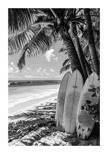 Schwarz-Weiß Bild mit Surfbrettern am Tropischen Strand