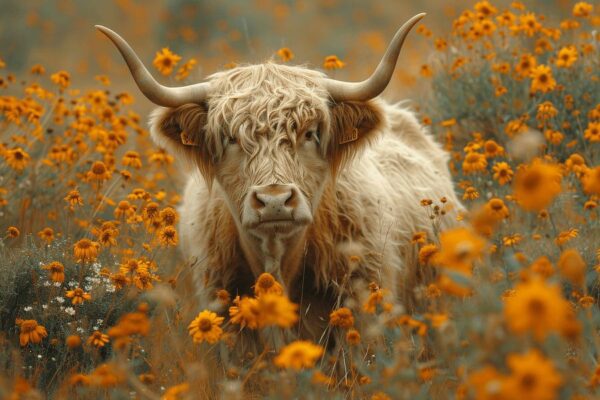 Scottish Highlander im Blütenmeer