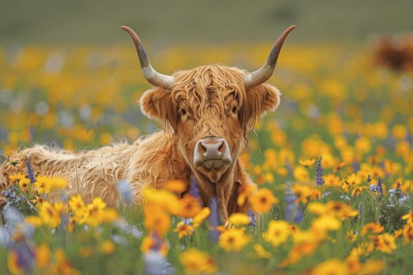 Scottish Highlander im Blütenmeer