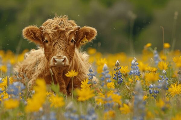 Scottish Highlander im Blütenmeer