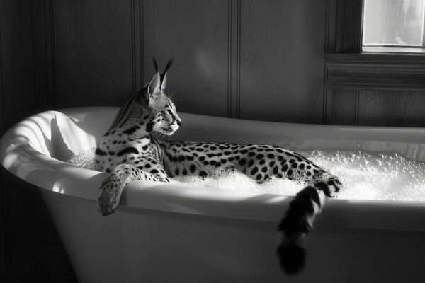 Serval in der Badewanne - Ein charmantes Badezimmerkunstwerk für Ihr WC