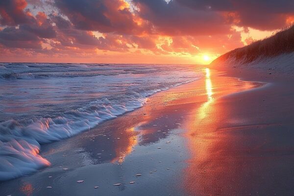 Sonnenaufgang am Nordsee mit Leuchtendem Himmel und Wellen